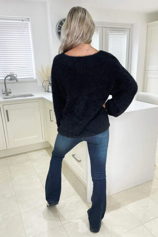 AX Paris Black VNeck Fluffy Knitted Jumper Knitwear
