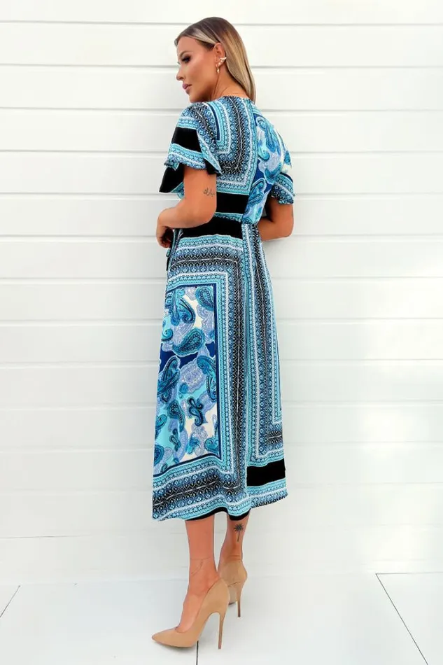 AX Paris Blue Scarf Printed Short Sleeve Wrap Midi Dress Dresses