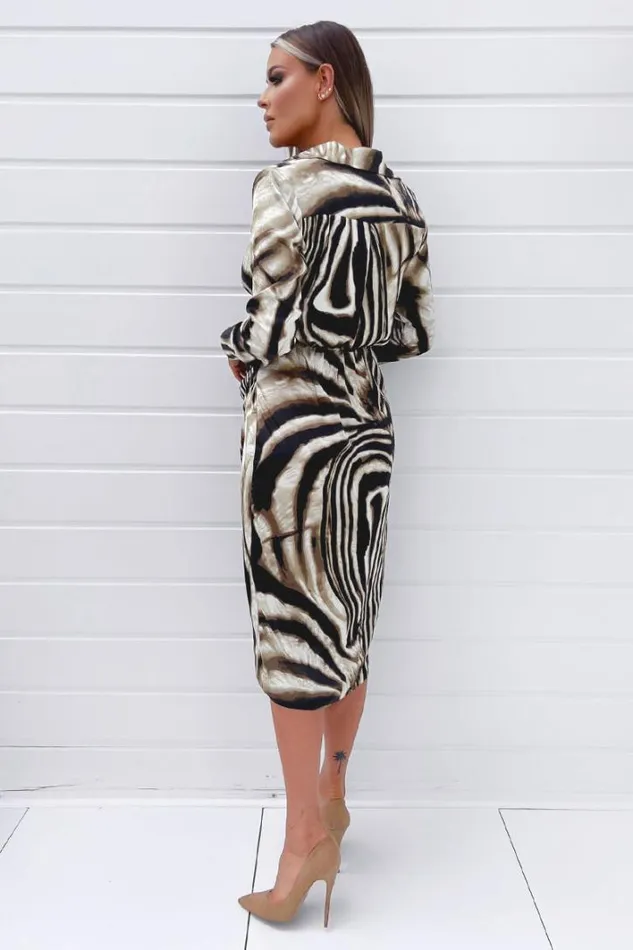 AX Paris Brown Printed Long Sleeve Wrap Dress With Shoulder Pads Dresses