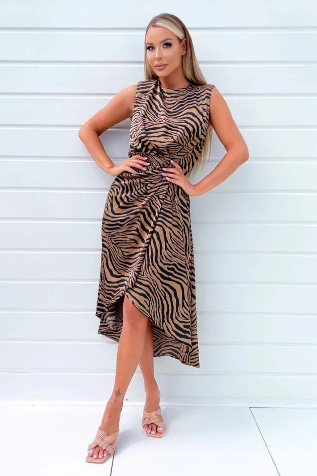 AX Paris Camel Zebra Print Shoulder Padded Midi Dress Dresses