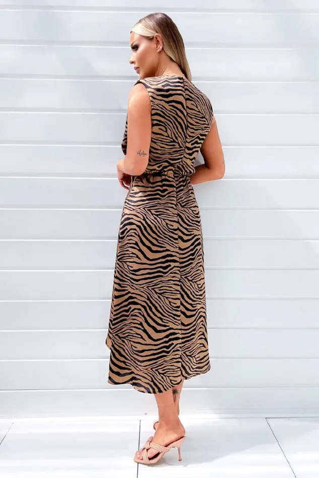 AX Paris Camel Zebra Print Shoulder Padded Midi Dress Dresses
