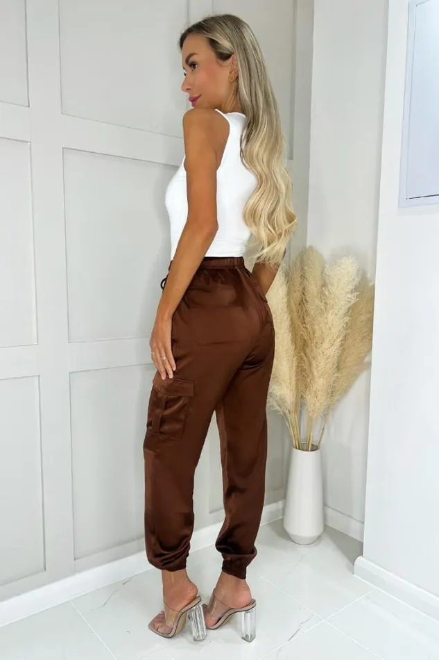 AX Paris Chocolate Satin Cuffed Cargo Pants Trousers and Leggings