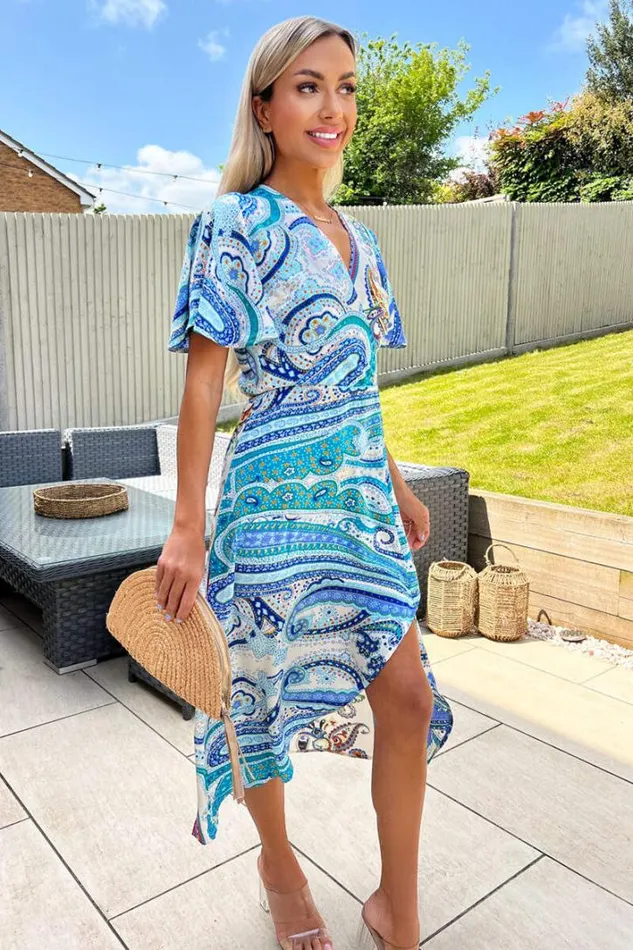 AX Paris Cream Paisley Printed Butterfly Sleeve Wrap Over Midi Dress Dresses