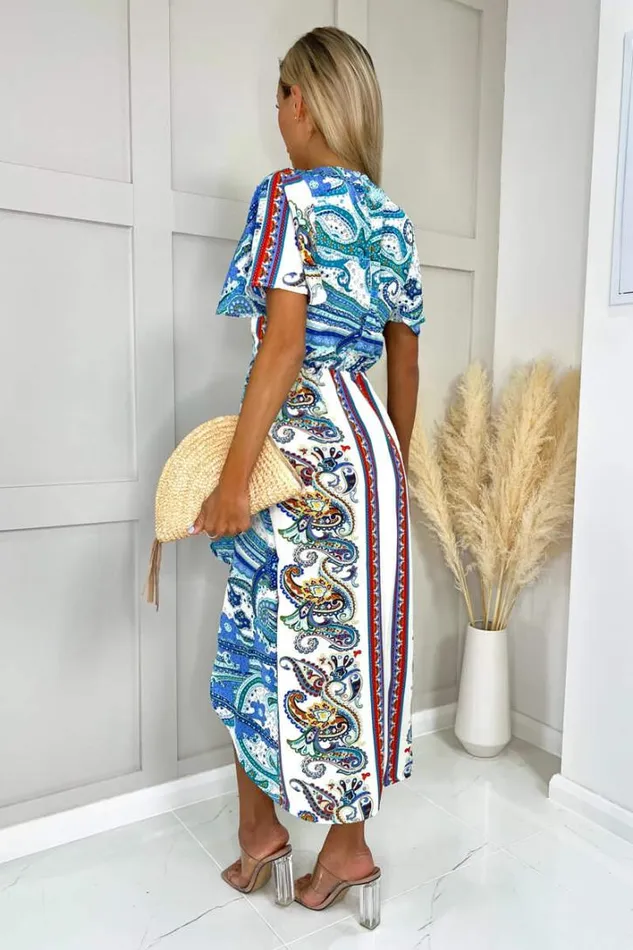 AX Paris Cream Paisley Printed Butterfly Sleeve Wrap Over Midi Dress Dresses