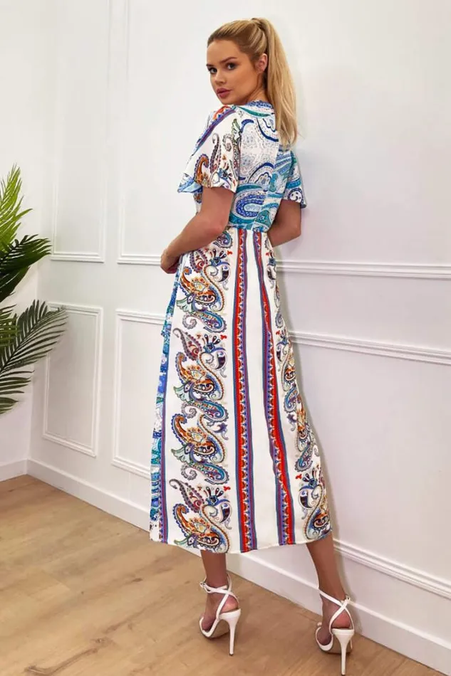 AX Paris Cream Paisley Printed Butterfly Sleeve Wrap Over Midi Dress Dresses