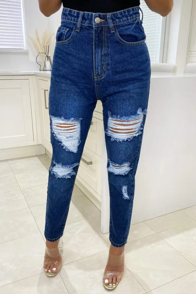 AX Paris Dark Wash Ripped Slim Fit Jeans Jeans