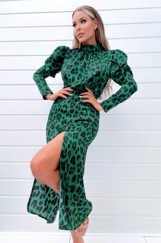 AX Paris Green And Black Animal Print Puff Long Sleeve Midi Dress Dresses