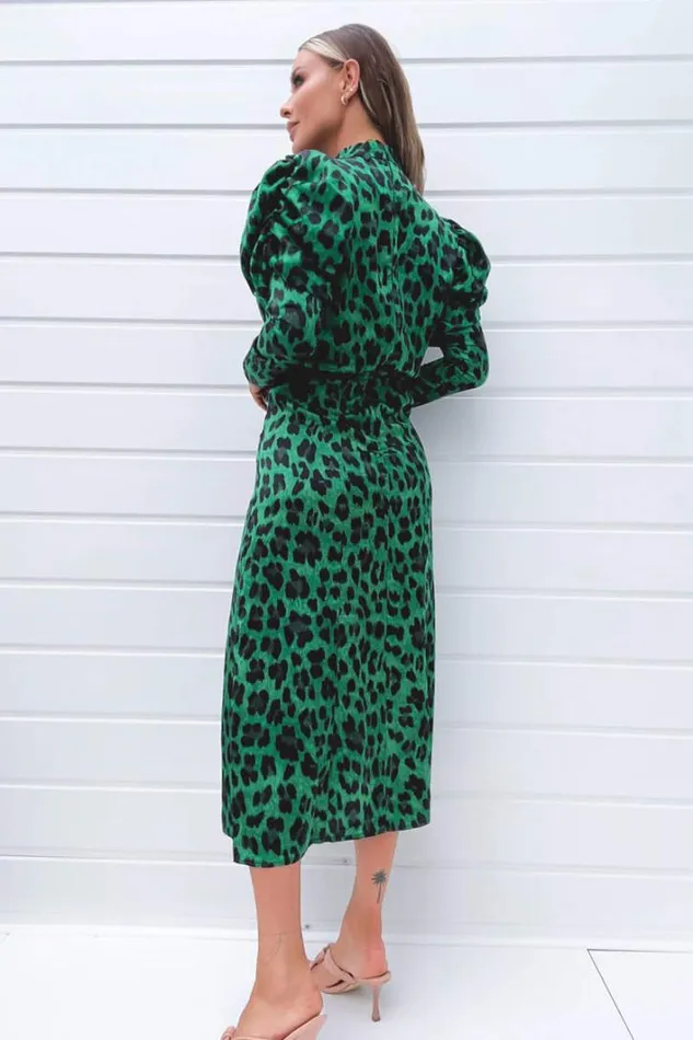 AX Paris Green And Black Animal Print Puff Long Sleeve Midi Dress Dresses
