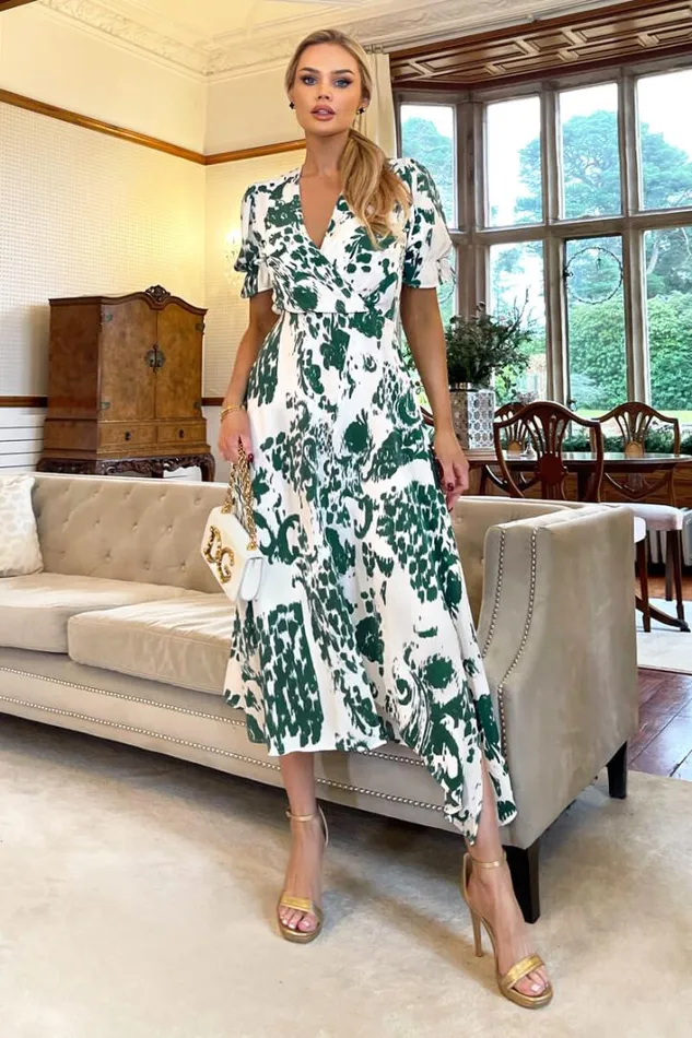 AX Paris Green And Cream Printed Short Sleeve Wrap Over Midi Dress Dresses