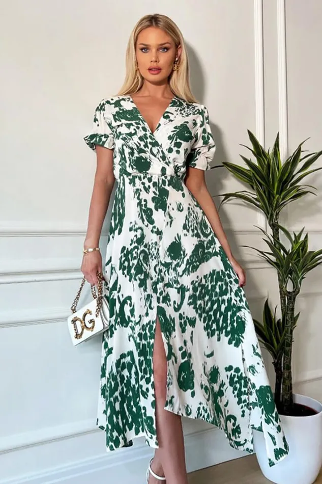 AX Paris Green And Cream Printed Short Sleeve Wrap Over Midi Dress Dresses