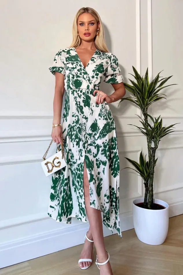 AX Paris Green And Cream Printed Short Sleeve Wrap Over Midi Dress Dresses