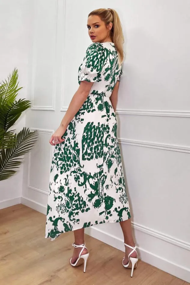 AX Paris Green And Cream Printed Short Sleeve Wrap Over Midi Dress Dresses