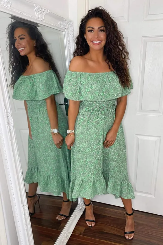 AX Paris Green Printed Bardot Style Midi Dress Occasion Dresses