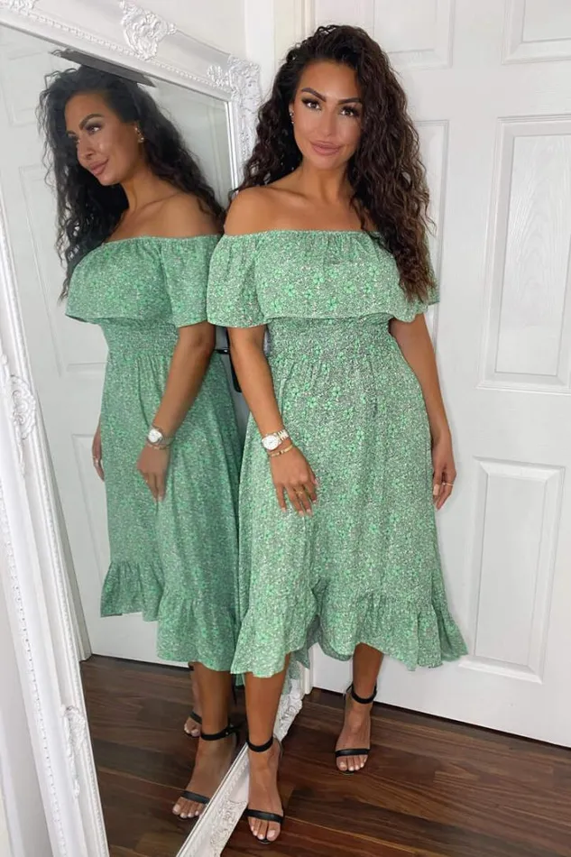AX Paris Green Printed Bardot Style Midi Dress Occasion Dresses