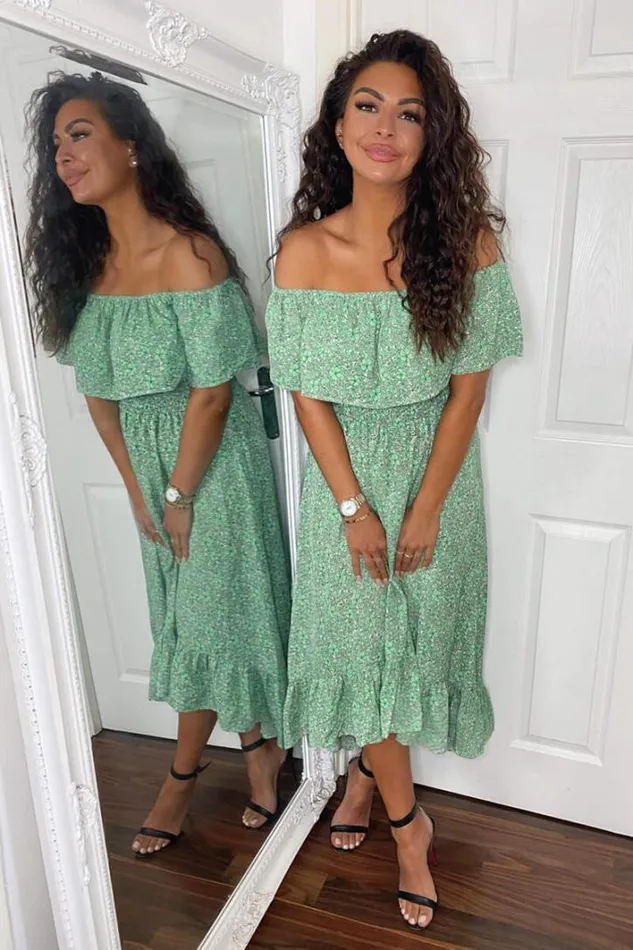 AX Paris Green Printed Bardot Style Midi Dress Occasion Dresses