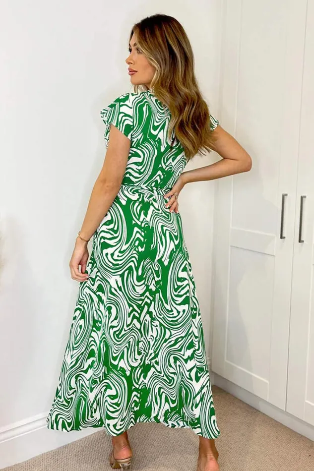 AX Paris Green Printed Short Sleeve Belted Midi Shirt Dress Dresses