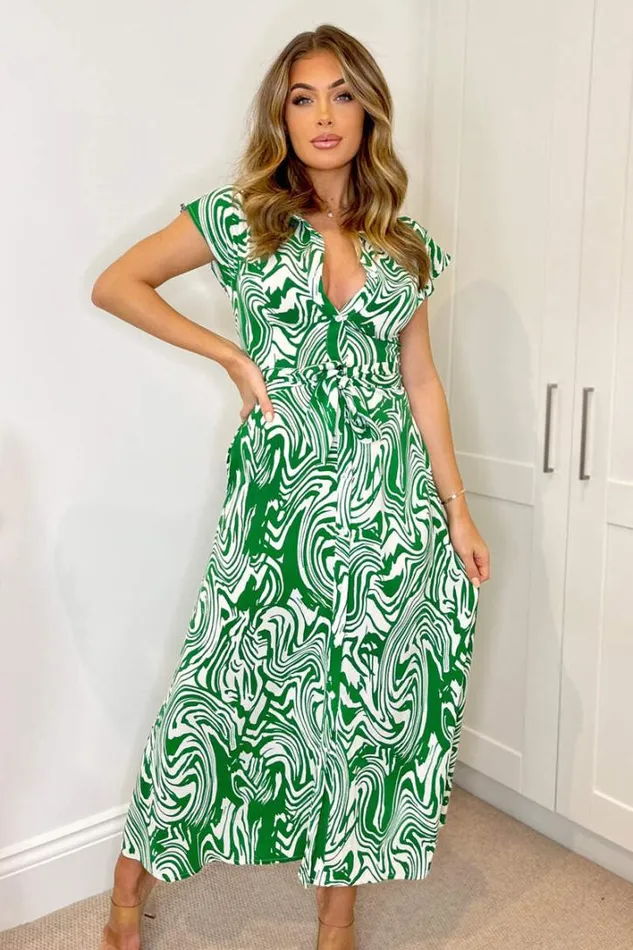 AX Paris Green Printed Short Sleeve Belted Midi Shirt Dress Dresses