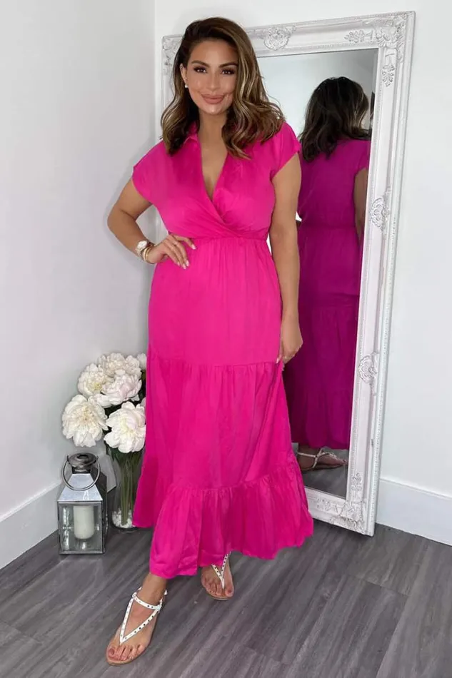AX Paris Hot Pink Short Sleeved VNeck Midi Smock Dress Dresses