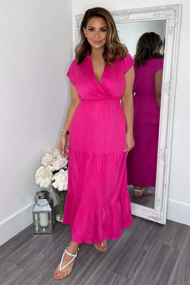 AX Paris Hot Pink Short Sleeved VNeck Midi Smock Dress Dresses