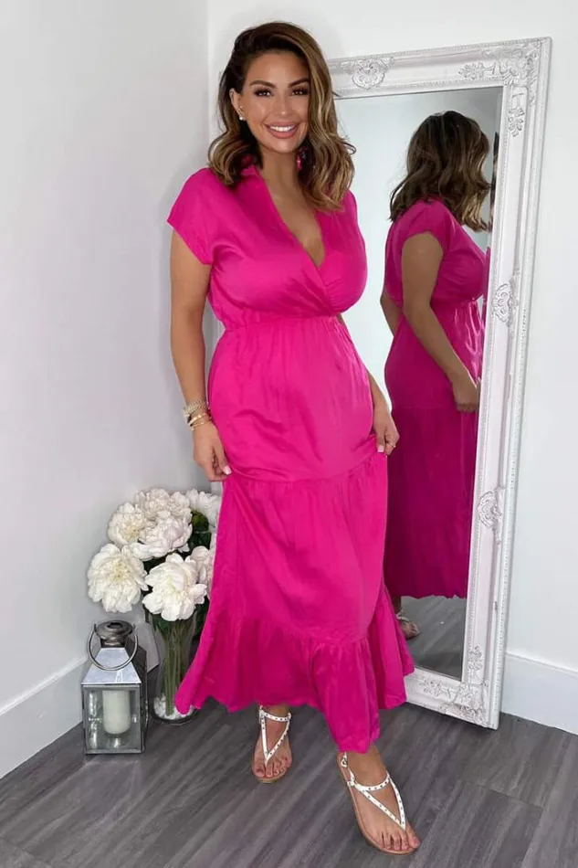 AX Paris Hot Pink Short Sleeved VNeck Midi Smock Dress Dresses