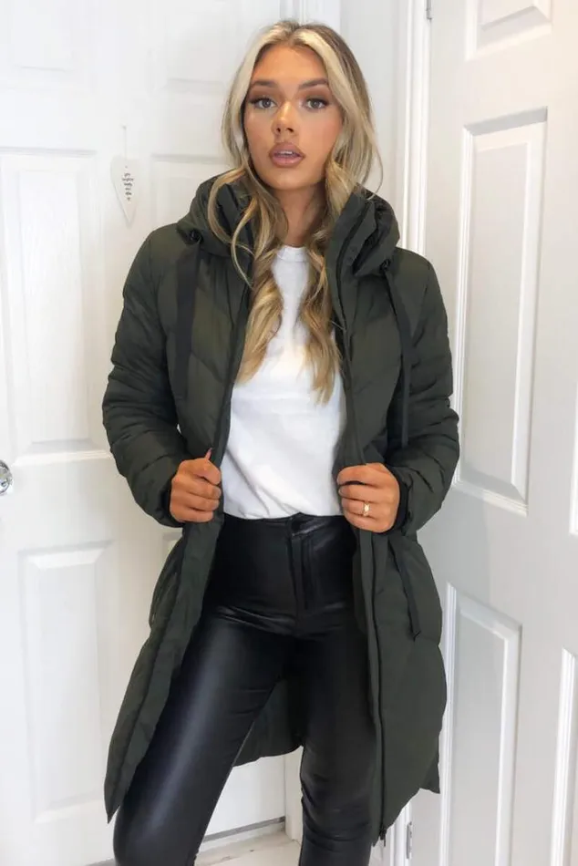 AX Paris Khaki Hooded Long Line Puffer Coat Coats and Jackets