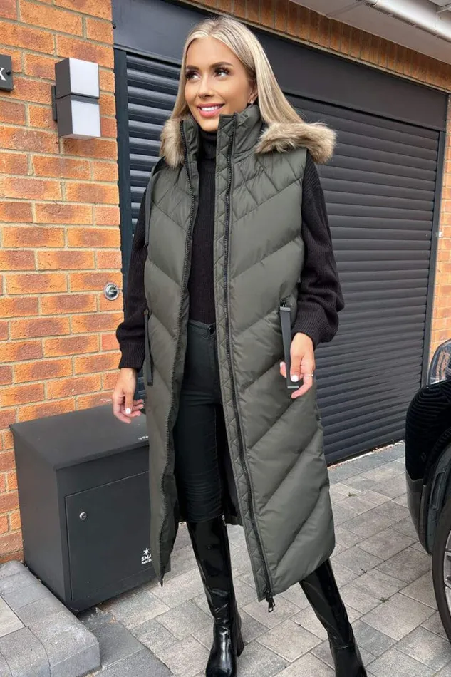 AX Paris Khaki Longline Faux Fur Hooded Gilet Coats and Jackets