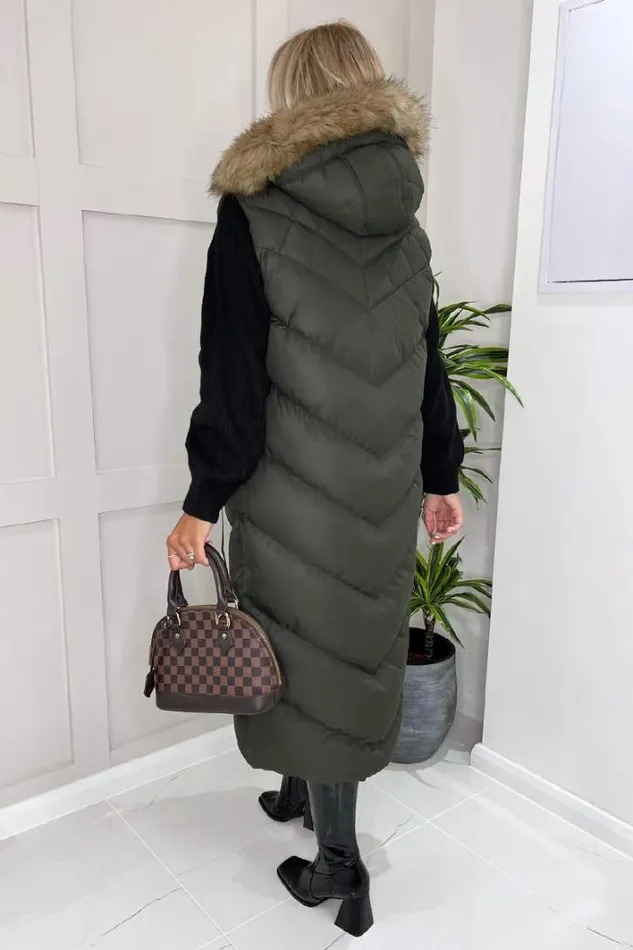 AX Paris Khaki Longline Faux Fur Hooded Gilet Coats and Jackets