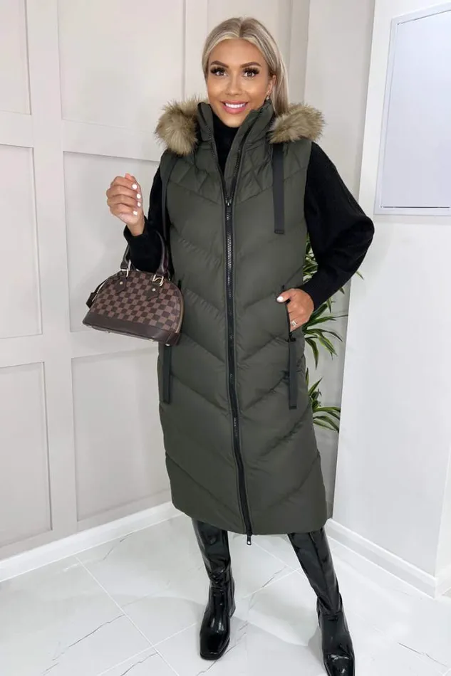 AX Paris Khaki Longline Faux Fur Hooded Gilet Coats and Jackets