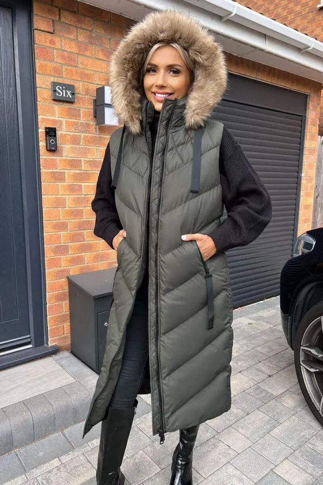 AX Paris Khaki Longline Faux Fur Hooded Gilet Coats and Jackets