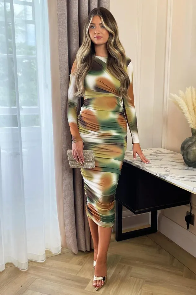 AX Paris Khaki Printed Long Sleeve Ruched Bodycon Midi Dress Dresses