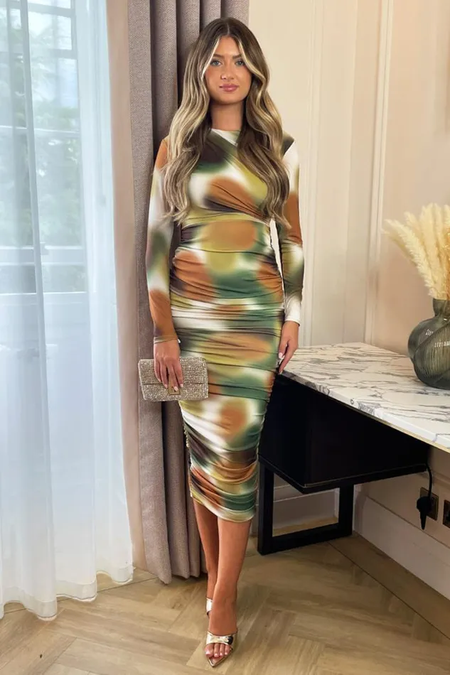 AX Paris Khaki Printed Long Sleeve Ruched Bodycon Midi Dress Dresses
