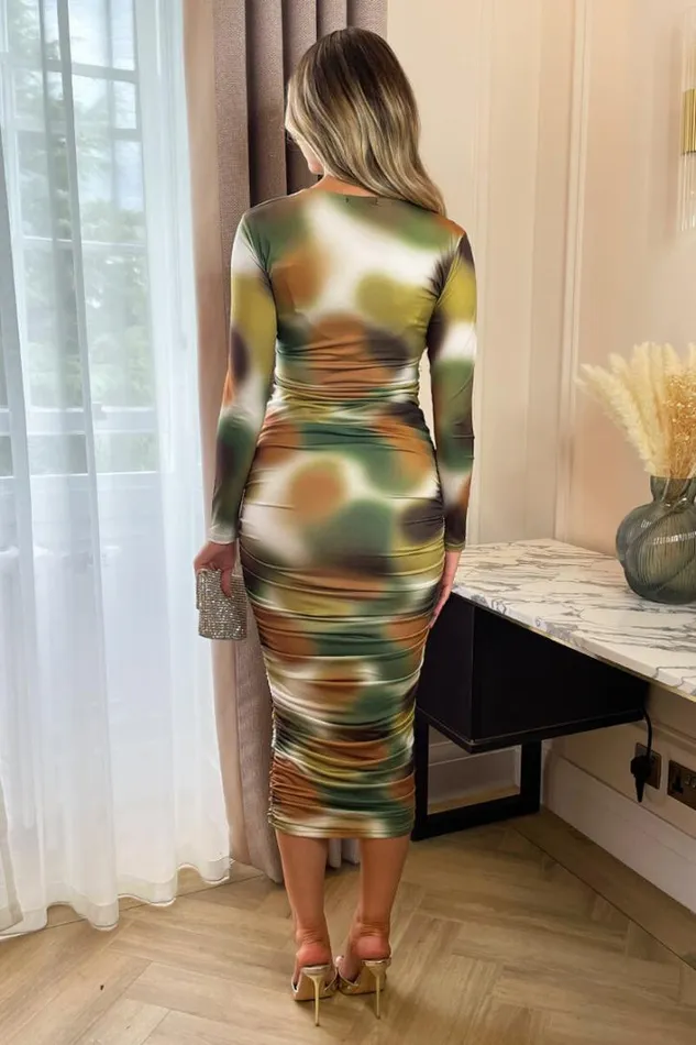 AX Paris Khaki Printed Long Sleeve Ruched Bodycon Midi Dress Dresses