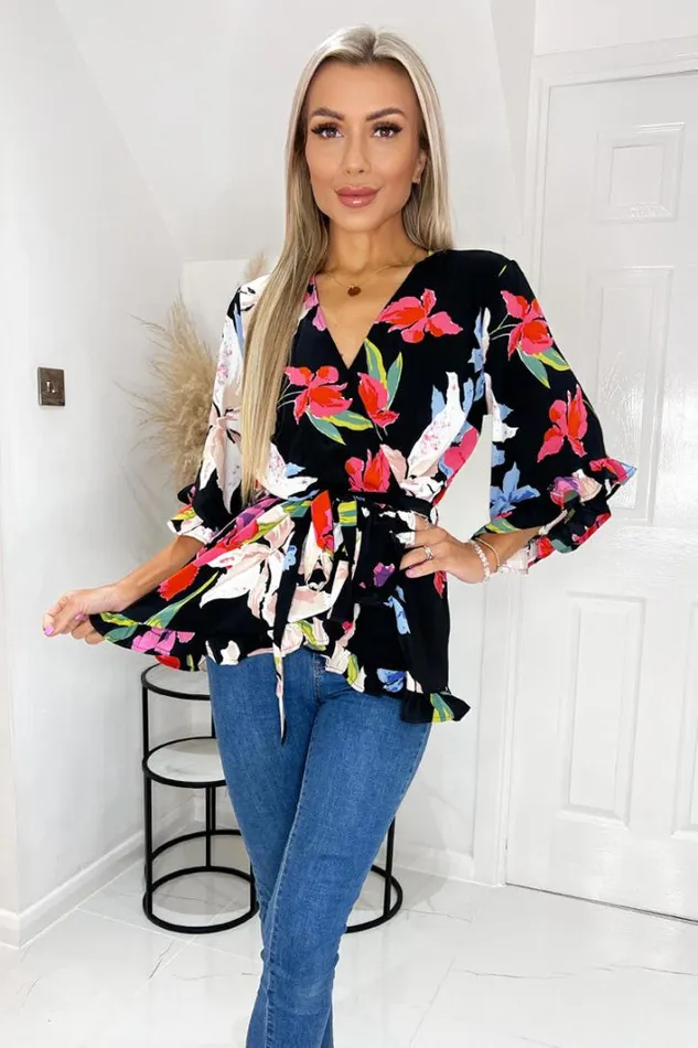 AX Paris Multi Floral Printed Frill Hem Wrap Top Tops