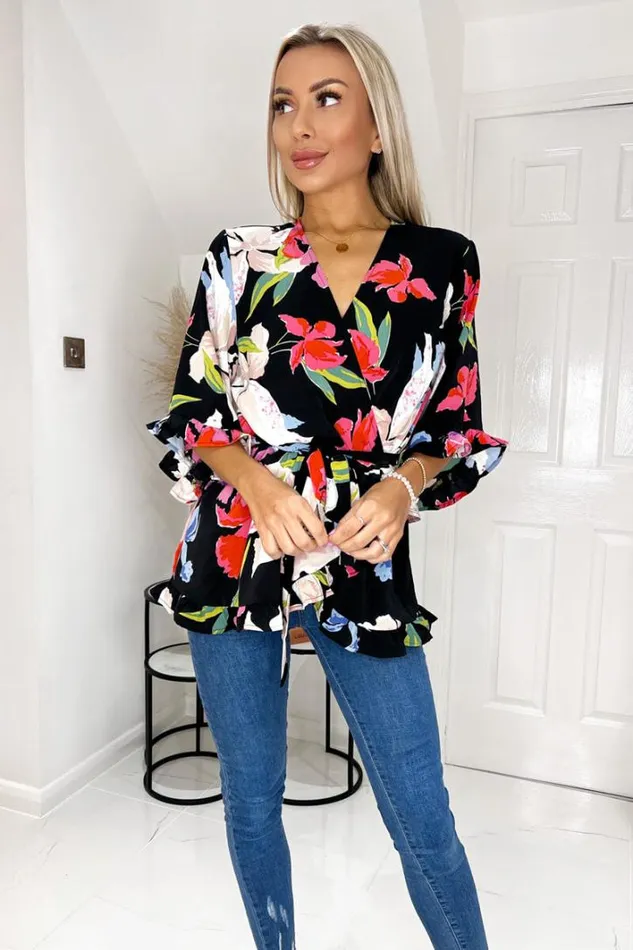 AX Paris Multi Floral Printed Frill Hem Wrap Top Tops