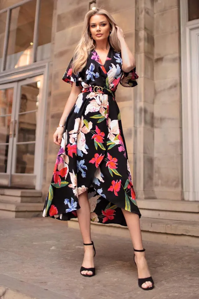 AX Paris Multi Floral Printed Short Sleeve Belted Wrap Midi Dress Dresses