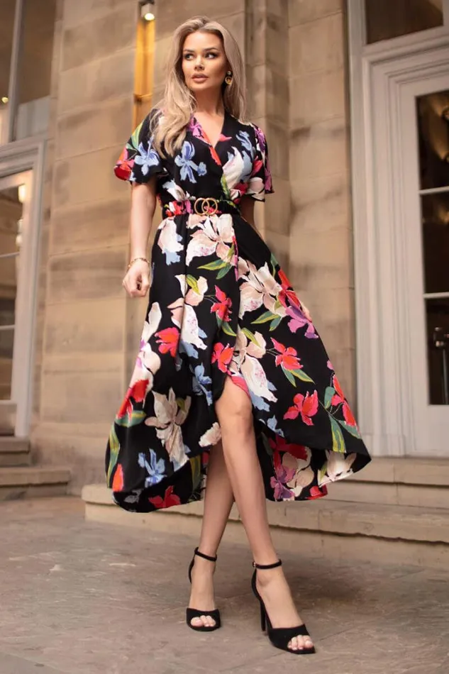 AX Paris Multi Floral Printed Short Sleeve Belted Wrap Midi Dress Dresses