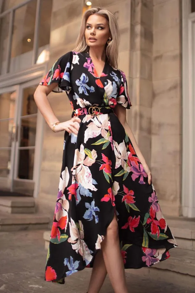AX Paris Multi Floral Printed Short Sleeve Belted Wrap Midi Dress Dresses