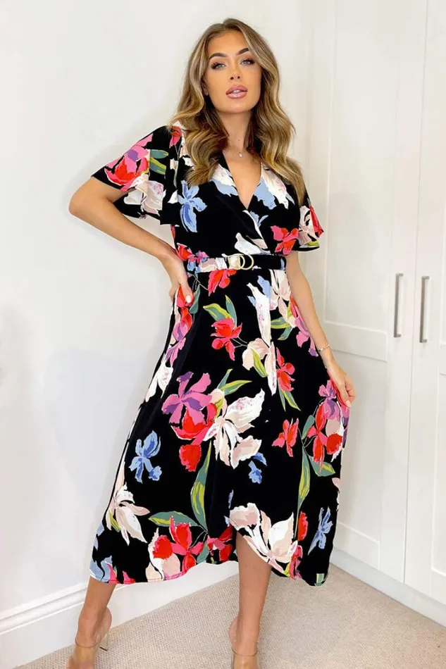 AX Paris Multi Floral Printed Short Sleeve Belted Wrap Midi Dress Dresses