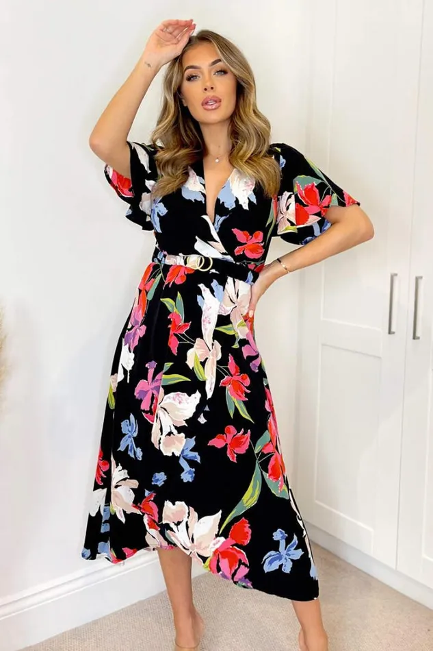 AX Paris Multi Floral Printed Short Sleeve Belted Wrap Midi Dress Dresses
