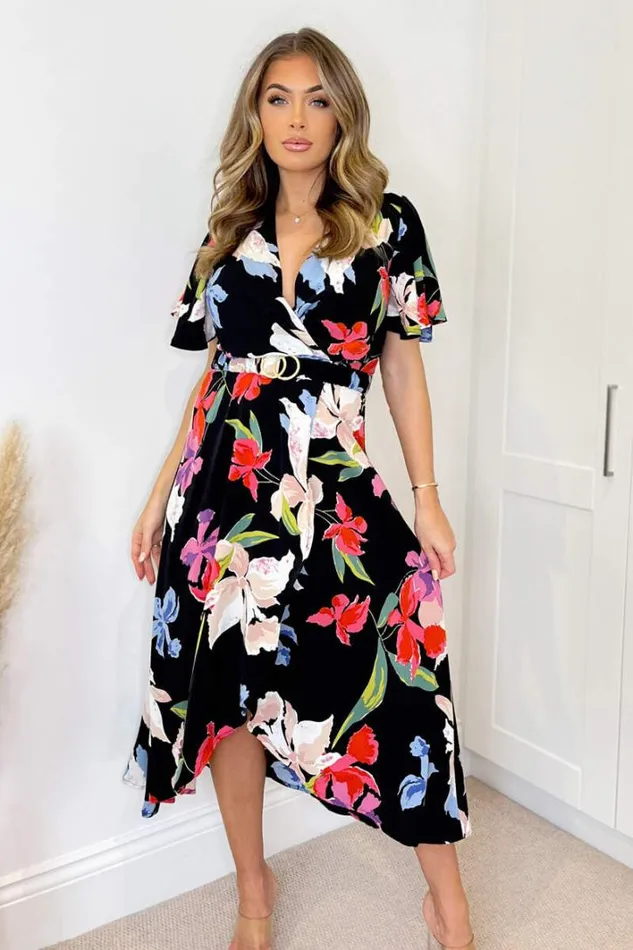 AX Paris Multi Floral Printed Short Sleeve Belted Wrap Midi Dress Dresses
