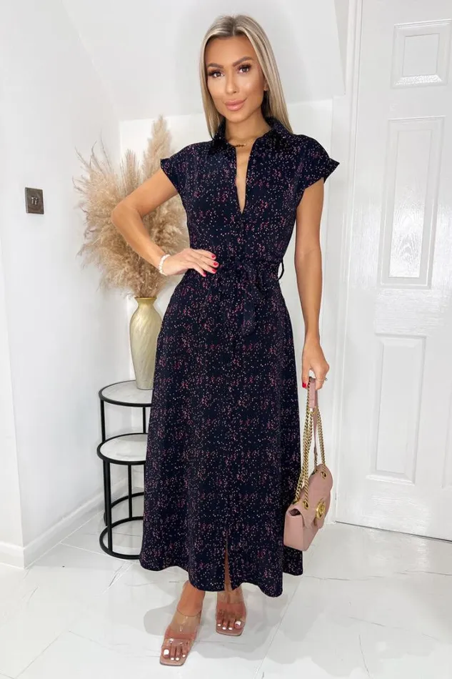AX Paris Navy And Pink Printed Short Sleeve Midi Shirt Dress Dresses