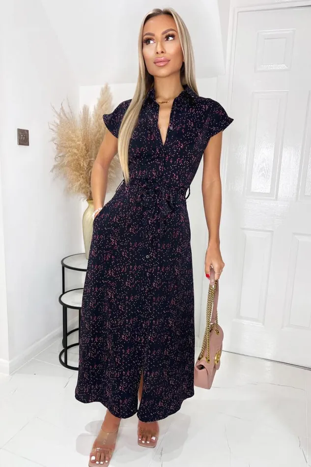 AX Paris Navy And Pink Printed Short Sleeve Midi Shirt Dress Dresses