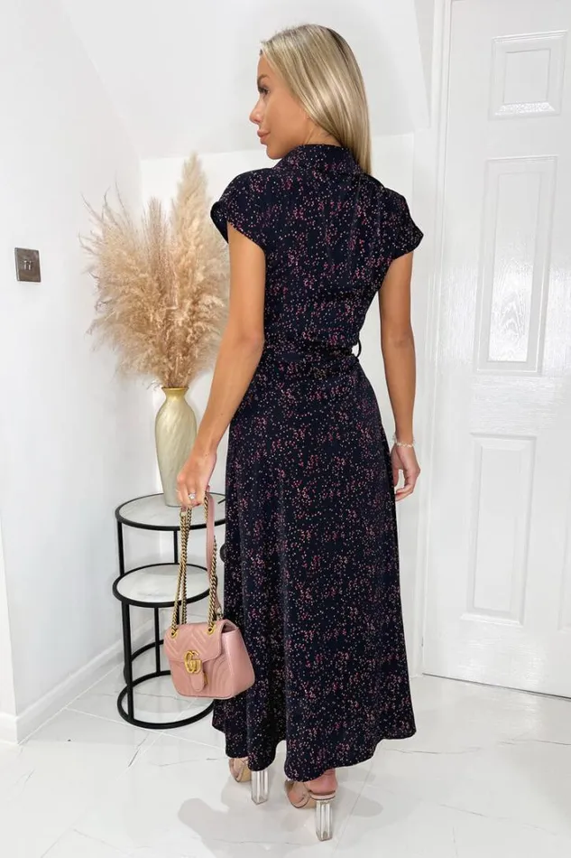 AX Paris Navy And Pink Printed Short Sleeve Midi Shirt Dress Dresses