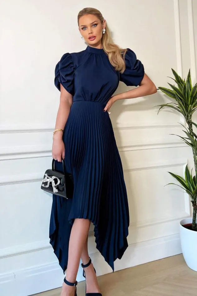 AX Paris Navy High Neck Puff Sleeve Zig Zag Hem Pleated Midi Dress Dresses