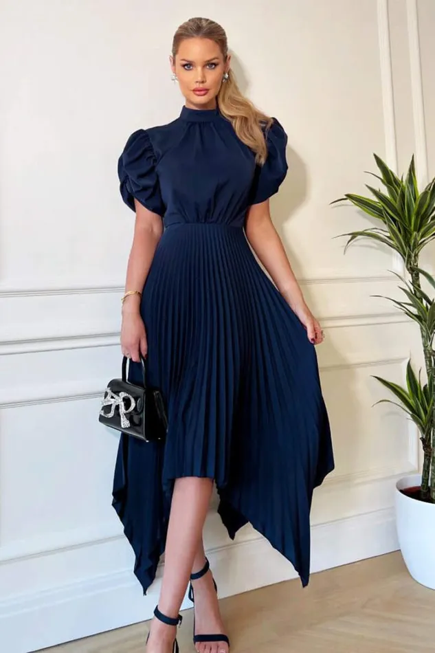 AX Paris Navy High Neck Puff Sleeve Zig Zag Hem Pleated Midi Dress Dresses