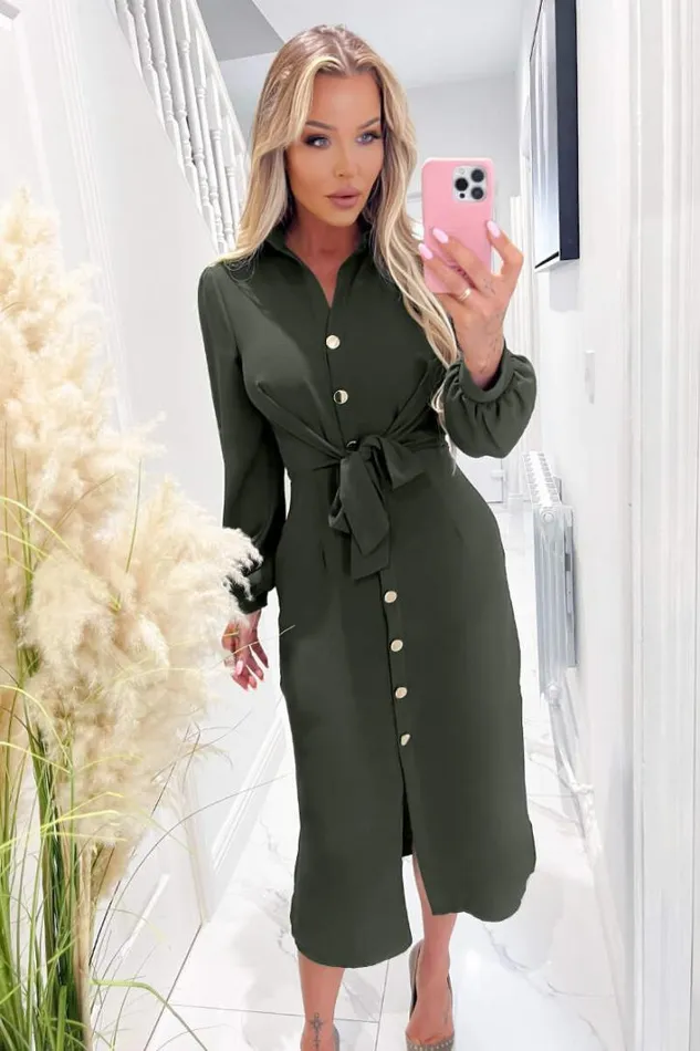 AX Paris Olive Button Front Tie Shirt Midi Dress Dresses
