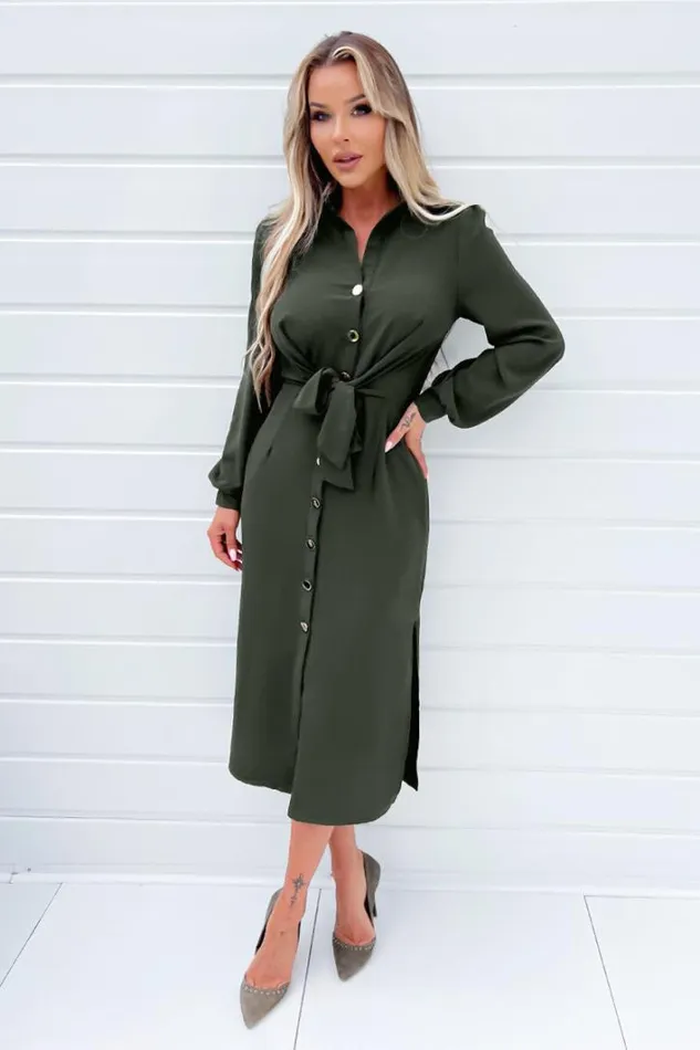 AX Paris Olive Button Front Tie Shirt Midi Dress Dresses