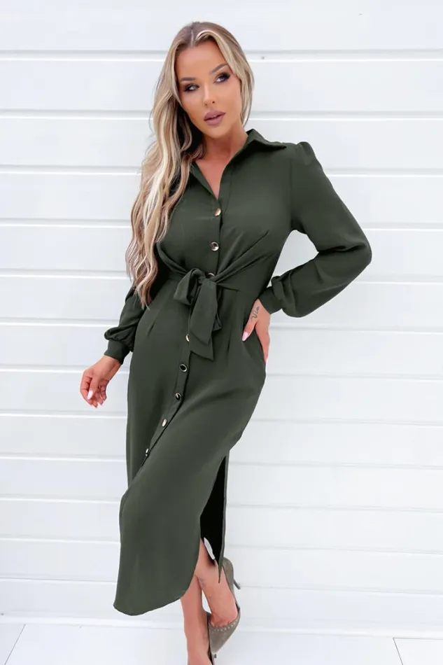 AX Paris Olive Button Front Tie Shirt Midi Dress Dresses