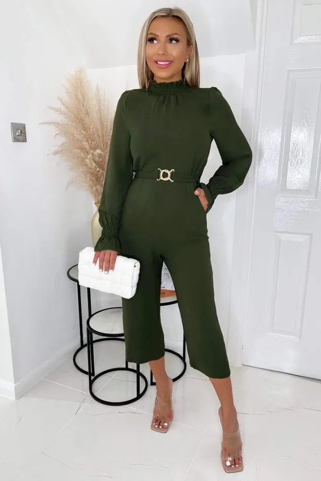 AX Paris Olive High Neck Long Sleeve Belted Jumpsuit Jumpsuits And Playsuits