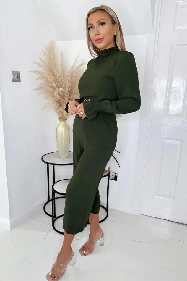 AX Paris Olive High Neck Long Sleeve Belted Jumpsuit Jumpsuits And Playsuits